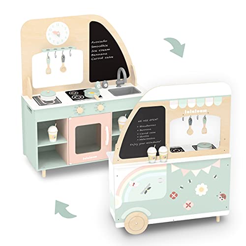 Lalaloom FOODIE TRUCK, Cocina de juguete de madera de diseño Food Truck, juego de imitación educativo y cocinita infantil de aprendizaje para niños y niñas de 3 años, con accesorios