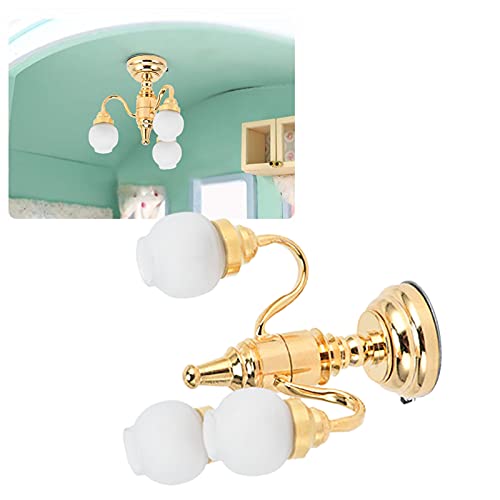 Lámpara de techo Candelabro de 3 luces, plastico chapado en oro de 24 quilates Luz de techo LED 1:12 Candelabro de casa de muñecas Miniatura exquisita y elegante Lámpara de techo de casa de muñecas