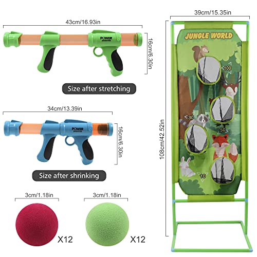 Lanzador Pelotas Espuma y Objetivo de Tiro, 2 Pcs Juguete Power Gun con Objetivo de Disparo de Pie, Niños, Juguete de rol para Interiores y Exteriores(Bosque)