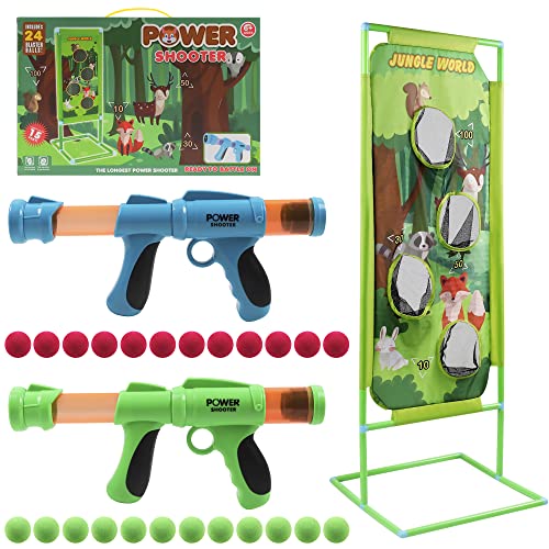 Lanzador Pelotas Espuma y Objetivo de Tiro, 2 Pcs Juguete Power Gun con Objetivo de Disparo de Pie, Niños, Juguete de rol para Interiores y Exteriores(Bosque)