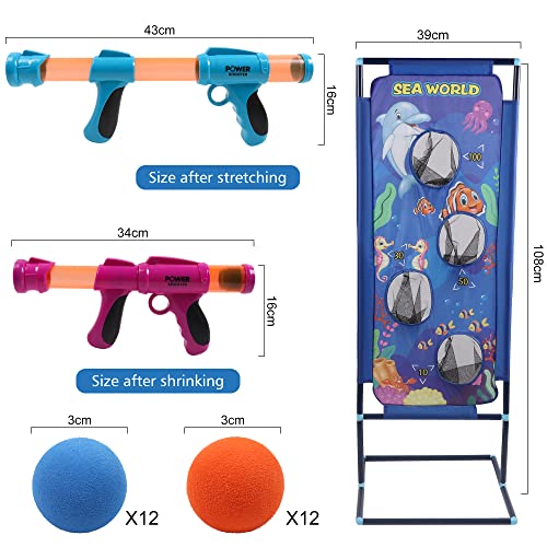 Lanzador Pelotas Espuma y Objetivo de Tiro,2 Pcs Juguete Power Gun con Objetivo de Disparo de Pie, Niños, Juguete de rol para Interiores y Exteriores(Oceano)