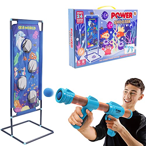 Lanzador Pelotas Espuma y Objetivo de Tiro,2 Pcs Juguete Power Gun con Objetivo de Disparo de Pie, Niños, Juguete de rol para Interiores y Exteriores(Oceano)