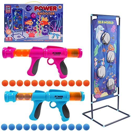 Lanzador Pelotas Espuma y Objetivo de Tiro,2 Pcs Juguete Power Gun con Objetivo de Disparo de Pie, Niños, Juguete de rol para Interiores y Exteriores(Oceano)