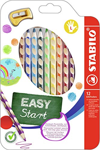 Lápiz de color ergonómico STABILO EASYcolors START - Modelo para ZURDOS - Estuche con 12 colores y 1 sacapuntas