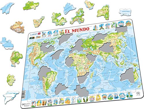 Larsen K4 El Mapa físico del Mundo, edición en Español, Puzzle de Marco con 80 Piezas