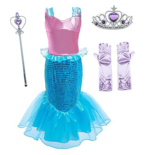 Le SSara Vestido de Fiesta de Lentejuelas de Disfraces de Princesa Ariel para Niñas con Accesorios para Niños (140(8-9 años), D76+Pur1)