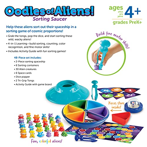 Learning Resources Sorting Saucer Platillo Volante Oodles of Aliens, Juego para clasificar niños, motricidad Fina, Clasifica Patrones, Colores y Formas, 3+ años, Multicolor (LER5546)