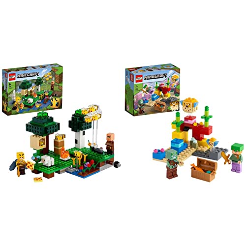 LEGOMinecraft La Granja de Abejas, Set de Construcción con Figuras de Apicultora y Oveja, Juguete + Minecraft Set de Construcción con Alex, Pez Globo de 2 Ladrillos y Zombie Ahogado