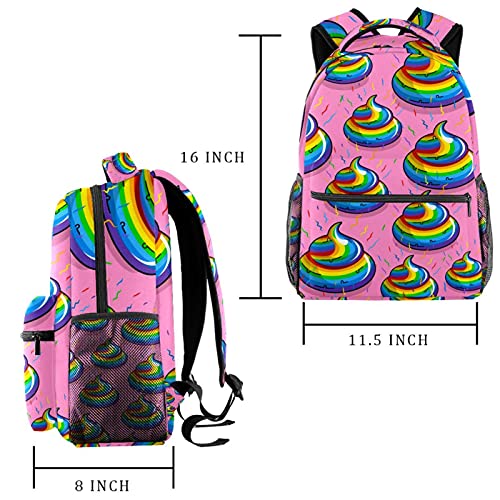 Leisure Daypacks - Mochilas de viaje para campus con diseño de caca de arcoíris con soporte para botellas para niñas y niños