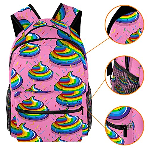 Leisure Daypacks - Mochilas de viaje para campus con diseño de caca de arcoíris con soporte para botellas para niñas y niños