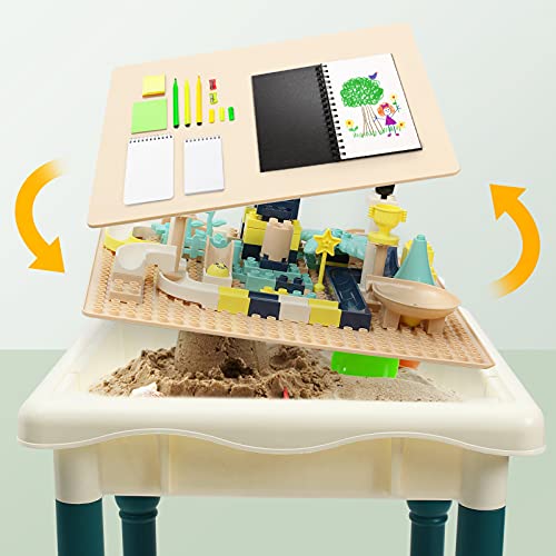 Leogreen Juego de Mesa y Sillas Infantiles, con 121 Piezas Bloques, 6 en 1Mesa de Bloques para, Niños Mesa de Actividades Multiusos con Bloques,Mesa de Estudio