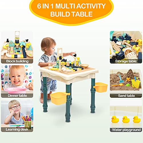 Leogreen Juego de Mesa y Sillas Infantiles, con 121 Piezas Bloques, 6 en 1Mesa de Bloques para, Niños Mesa de Actividades Multiusos con Bloques,Mesa de Estudio