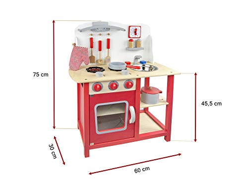 Leomark Cocina Madera Infantil De Juguete - color Classic Roja -Accesorios: Reloj, Grifo y Fregadero, Cubiertos, Utensilios de Cocina, Para Niños, Juego de Imitación, Dim: 60x30x75 (altura) cm