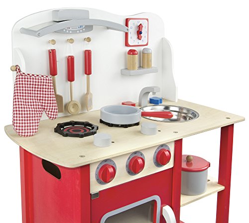 Leomark Cocina Madera Infantil De Juguete - color Classic Roja -Accesorios: Reloj, Grifo y Fregadero, Cubiertos, Utensilios de Cocina, Para Niños, Juego de Imitación, Dim: 60x30x75 (altura) cm