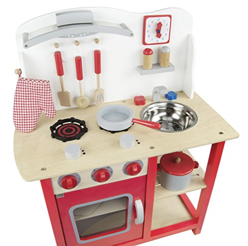 Leomark Cocina Madera Infantil De Juguete - color Classic Roja -Accesorios: Reloj, Grifo y Fregadero, Cubiertos, Utensilios de Cocina, Para Niños, Juego de Imitación, Dim: 60x30x75 (altura) cm