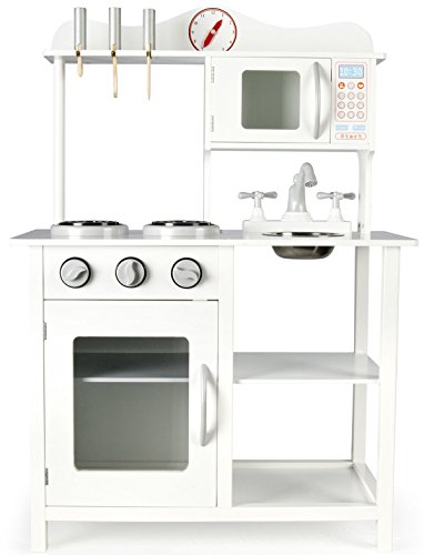 Leomark Moderno Cocina Madera Infantil de Juguete - Classic White - Accesorios: Reloj, microondas, para Niños, Estilo Escandinavo, Dim: 60x30x85 (Altura) cm