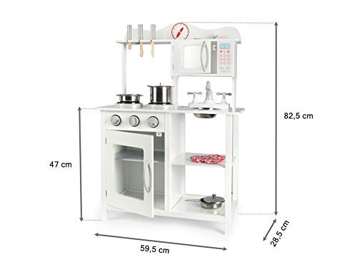 Leomark Moderno Cocina Madera Infantil de Juguete - Classic White - Accesorios: Reloj, microondas, para Niños, Estilo Escandinavo, Dim: 60x30x85 (Altura) cm