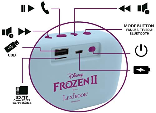 LEXIBOOK-Disney Frozen-Altavoz portátil Bluetooth, inalámbrico, Radio FM, USB, Tarjeta TF, batería Recargable, Azul/púrpura