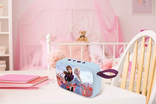 LEXIBOOK-Disney Frozen-Altavoz portátil Bluetooth, inalámbrico, Radio FM, USB, Tarjeta TF, batería Recargable, Azul/púrpura