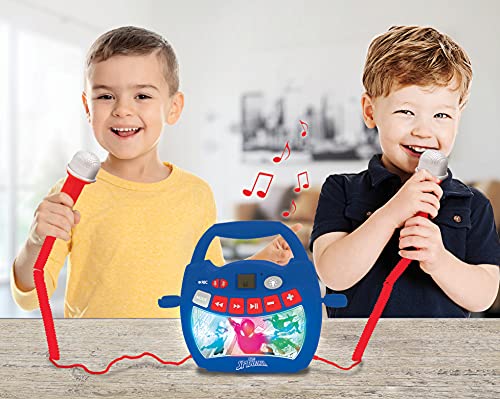 LEXIBOOK- Spider-Man - Reproductor de música de Karaoke portátil para niños - Micrófonos, Efectos de luz, Bluetooth, Grabación y Cambio de Voz, Baterías Recargables