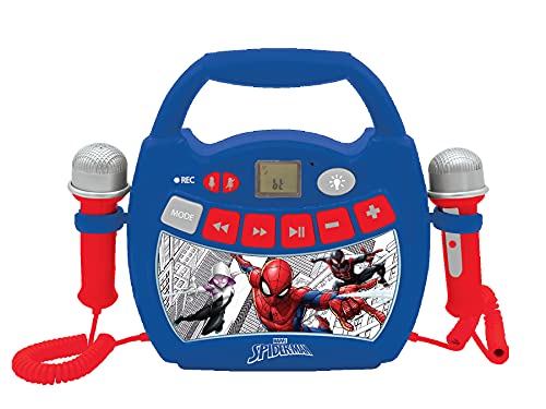 LEXIBOOK- Spider-Man - Reproductor de música de Karaoke portátil para niños - Micrófonos, Efectos de luz, Bluetooth, Grabación y Cambio de Voz, Baterías Recargables