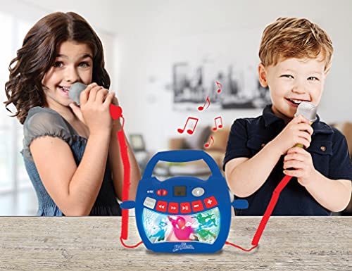 LEXIBOOK- Spider-Man - Reproductor de música de Karaoke portátil para niños - Micrófonos, Efectos de luz, Bluetooth, Grabación y Cambio de Voz, Baterías Recargables