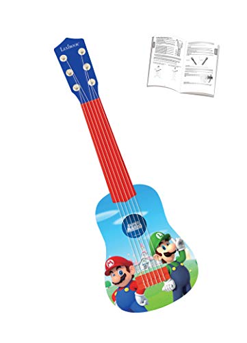 LEXIBOOK- Super Brothers Nintendo Mario Luigi Mi Primera Guitarra, 6 Cuerdas de Nylon, 53 cm, guía incluida, Azul/Rojo (K200NI)