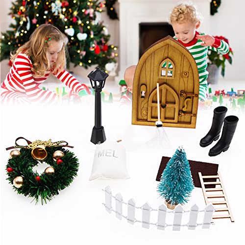 LFKJUMY Juego de accesorios retro para puerta de gnomo, minicasa de muñecas, accesorios para jardín, minipuerta de Papá Noel, juego de Navidad DIY Fee Puerta escalera de madera decoración.