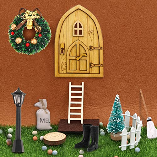 LFKJUMY Juego de accesorios retro para puerta de gnomo, minicasa de muñecas, accesorios para jardín, minipuerta de Papá Noel, juego de Navidad DIY Fee Puerta escalera de madera decoración.