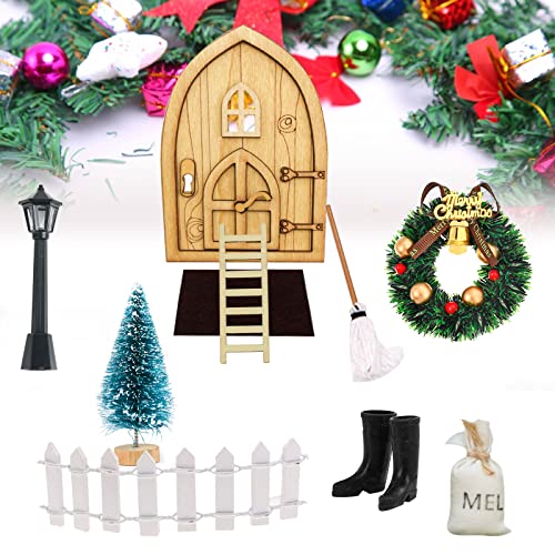 LFKJUMY Juego de accesorios retro para puerta de gnomo, minicasa de muñecas, accesorios para jardín, minipuerta de Papá Noel, juego de Navidad DIY Fee Puerta escalera de madera decoración.