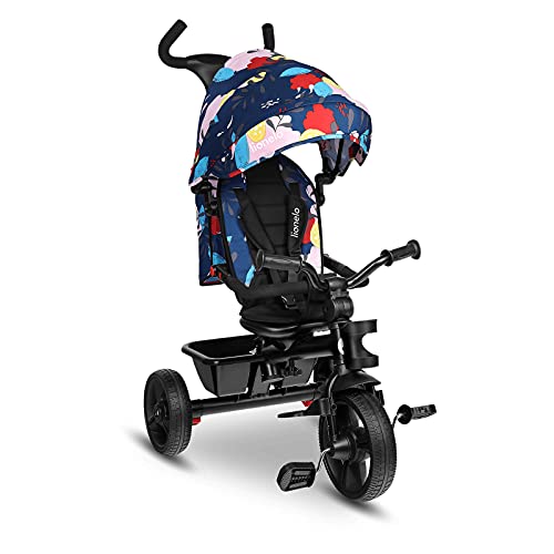 LIONELO Haari Bicicleta 2 en 1 Menores hasta 25 kg 1,5-5 años Triciclo- carrito Cesta espaciosa, bolsa y portavasos Cinturones de 3 puntos con fundas Toldo Reposapiés Azul Oscuro