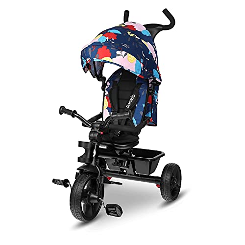 LIONELO Haari Bicicleta 2 en 1 Menores hasta 25 kg 1,5-5 años Triciclo- carrito Cesta espaciosa, bolsa y portavasos Cinturones de 3 puntos con fundas Toldo Reposapiés Azul Oscuro