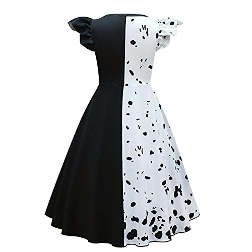 Lito Angels Disfraz de Cruella Vestido de Lunares Dálmatas en Blanco y Negro para Niñas, Talla 7-8 años, Manga Corta