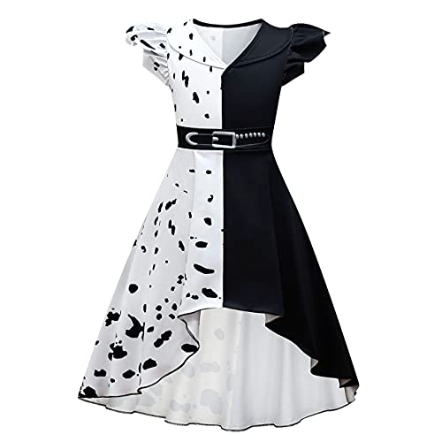 Lito Angels Disfraz de Cruella Vestido de Lunares Dálmatas en Blanco y Negro para Niñas, Talla 7-8 años, Manga Corta