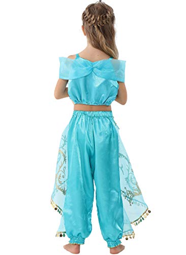 Lito Angels Disfraz de Princesa Jasmine para Niña con Capa Vestido de Jazmin con Diadema Talla 5 a 6 Años Verde Azulado, Estilo A