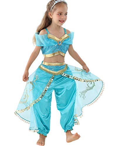 Lito Angels Disfraz de Princesa Jasmine para Niña con Capa Vestido de Jazmin con Diadema Talla 5 a 6 Años Verde Azulado, Estilo A