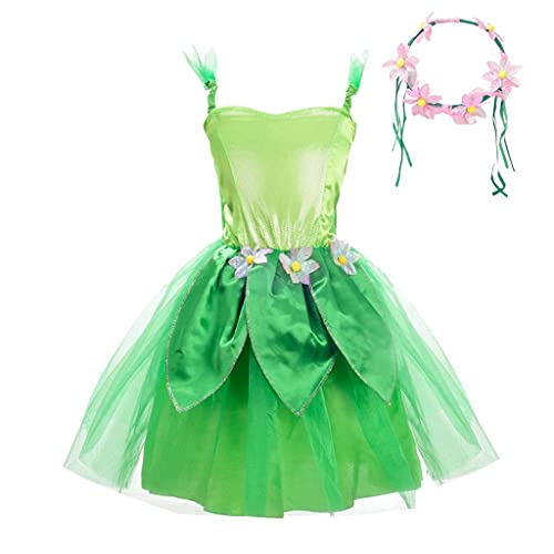 Lito Angels Disfraz de Tinkerbell Vestido de Campanilla Hada Verde con Diadema con Corona de Flores para Niñas, Talla 8-10 años, XL