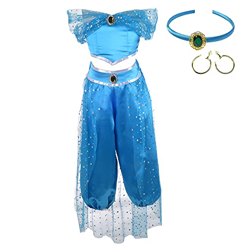 Lito Angels Vestido de Princesa Jasmine Disfraz Jazmin Conjunto de Pantalón y Top con Diadema y Accesorios para Niña Talla 6-7 Años Azul