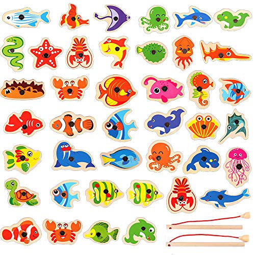 Liuer 20PCS Juego de Pesca Magnetico Juguetes Montessori Madera Juegos de Palillos Educación Regalo Juego de Pesca para Niños 3 4 5 6 Años Pequeños Cumpleaños Aprendizaje Educación Juguetes