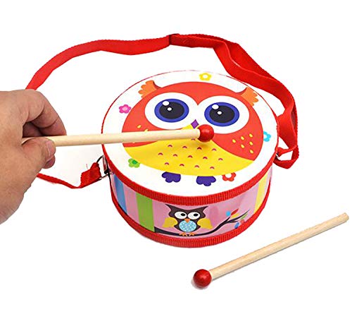 liuer Tambor Infantil Instrumentos Musicales con Baquetas y Pulsera de Cascabeles Dibujos Animados Patrón Tambores Juguetes Tambor Infantil Niño Niña(15×7cm)