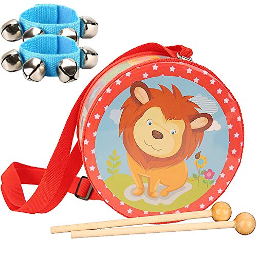 liuer Tambor Infantil Instrumentos Musicales con Baquetas y Pulsera de Cascabeles Dibujos Animados Patrón Tambores Juguetes Tambor Infantil Niño Niña(15×7cm)