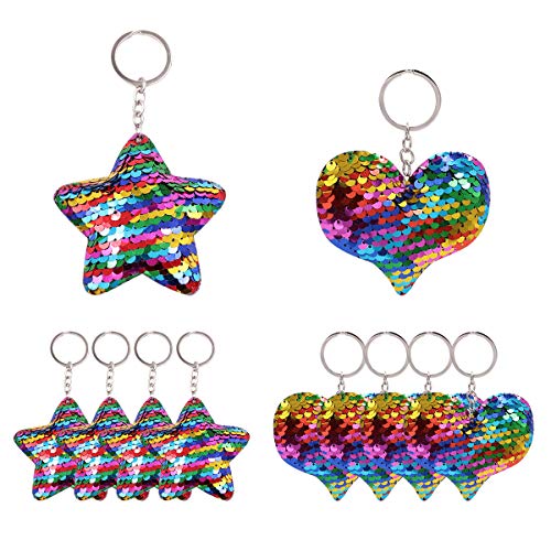 Liwein Llaveros de Lentejuelas Reflectantes Llavero Bolso Brillantes Forma de Estrella y Corazón Llavero de Lentejuelas Flip para Decoraciones Coche Niños Regalo de Fiesta Chicas-10 Piezas