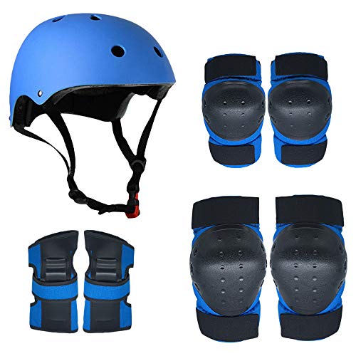 Lixada Conjunto de Equipo de Protección 7 en 1 Coderas para Rodillas Muñequeras Casco Multi Sports Almohadillas de Protección de Seguridad para Niños Adolescentes Patinaje Ciclismo (Azul, M)