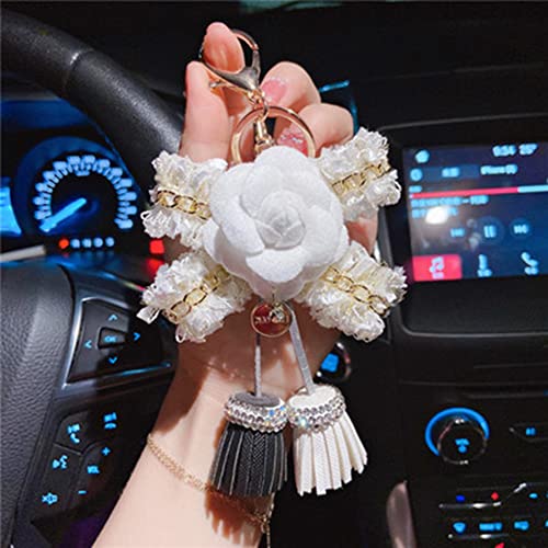 Llavero camelia,Llavero con borla de flor de camelia Llavero de Coche llavero para teléfono Bolso Colgante De Mujer Adornos Regalo Creativo colgante de llavero