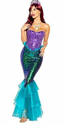 Loalirando Disfraz de sirena para mujer, disfraz de sirena para Halloween, disfraz de escena con lentejuelas, vestido maxi de Cosplay, vestido de noche, azul, XL