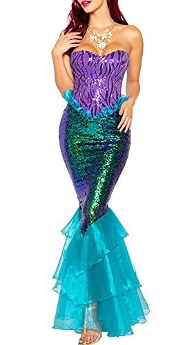 Loalirando Disfraz de sirena para mujer, disfraz de sirena para Halloween, disfraz de escena con lentejuelas, vestido maxi de Cosplay, vestido de noche, azul, XL