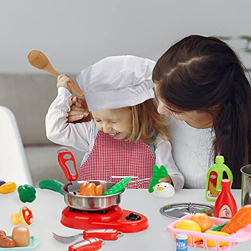 Locisne Juego de 42 juegos de cocina para niños, mini juegos de juguetes de comida coloridos, juego de cocina y horneado con ollas y sartenes de acero inoxidable, delantal y sombrero de chef