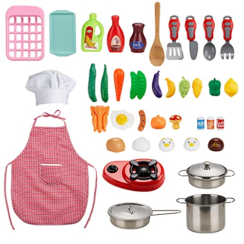 Locisne Juego de 42 juegos de cocina para niños, mini juegos de juguetes de comida coloridos, juego de cocina y horneado con ollas y sartenes de acero inoxidable, delantal y sombrero de chef