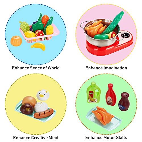 Locisne Juego de 42 juegos de cocina para niños, mini juegos de juguetes de comida coloridos, juego de cocina y horneado con ollas y sartenes de acero inoxidable, delantal y sombrero de chef