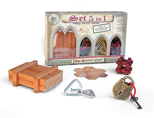 Logica Juegos Art. Set 5 en 1 - 2 Rompecabezas de Madera + 2 de Metal + 1 Matemáticas - Dificultades Mixtas - Collecion Leonardo da Vinci